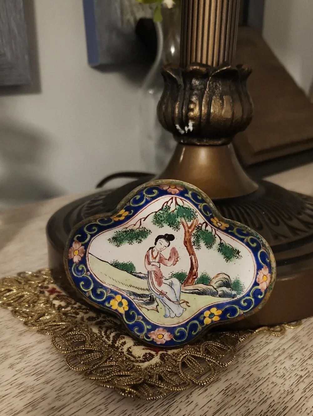 Antique Chinese Canton Enamel Quatrefoil Pin Dish Copper/Enamel
